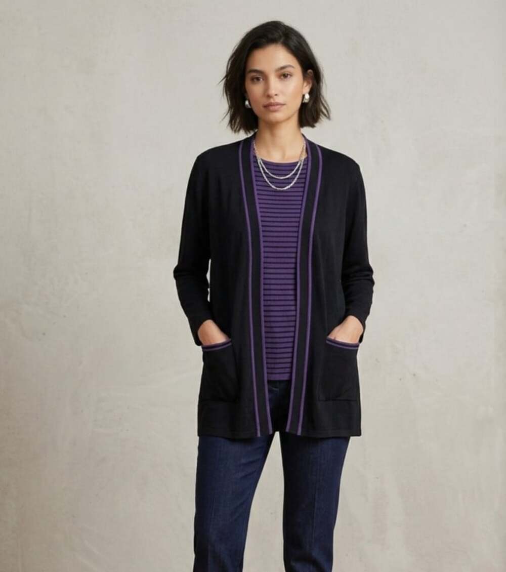 Exclusively Misook 2 Piece Knit Cardigan Top Set Purple Black Stripe Size L